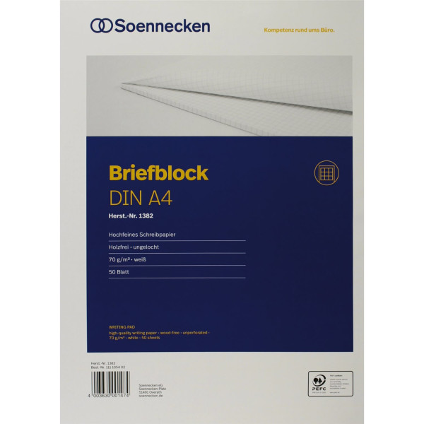 Soennecken Briefblock 1382 DIN A4 70g holzfrei 50Blatt kariert weiß 