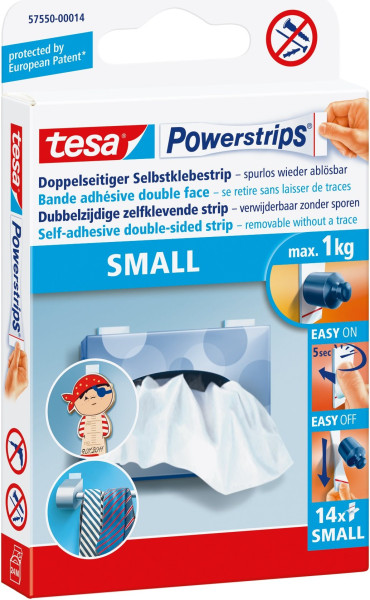 tesa Powerstrips Small 14 Stück, optimaler Halt auf glatten Oberflächen bis 1 kg 
