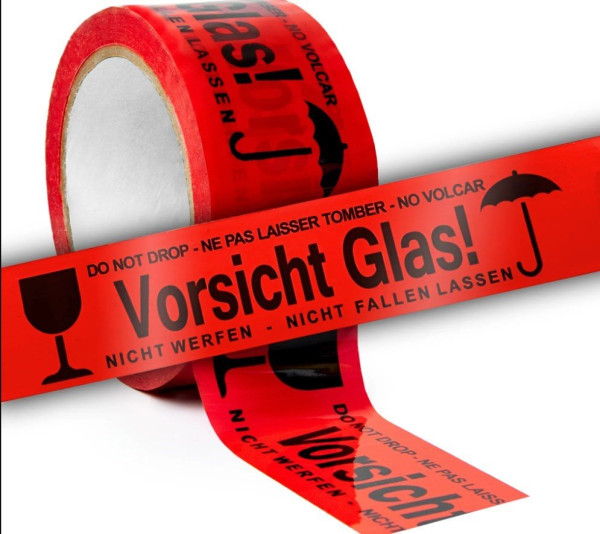 Paketklebeband 50mmx66m PP "Vorsicht Glas" (schwarz auf rot), ohne Lösungsmittel 