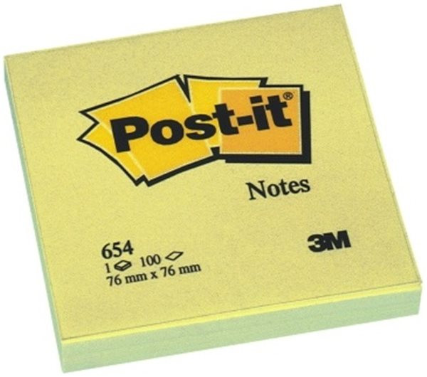 Haftnotizen 76x76mm Post-it Notes 654, gelb 3M, Preis gilt für 12 x 100 Blatt 