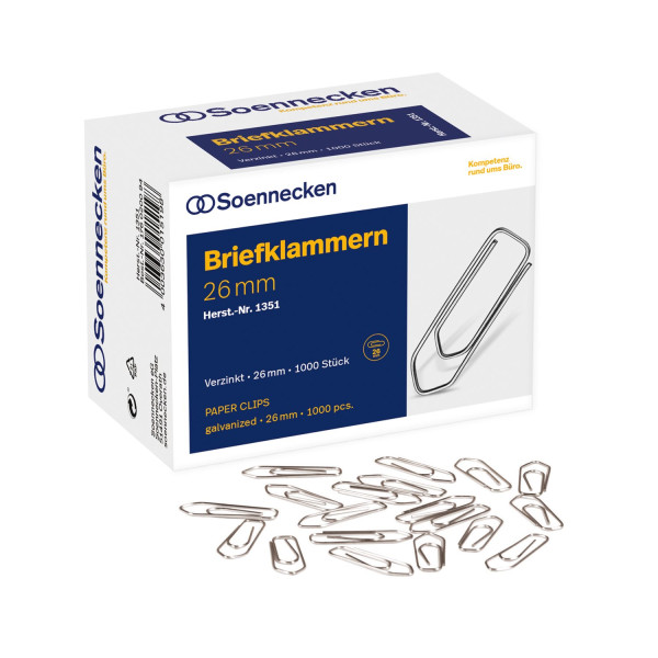 Büroklammer 26mm Größe eckig verzinkt, Soennecken 
