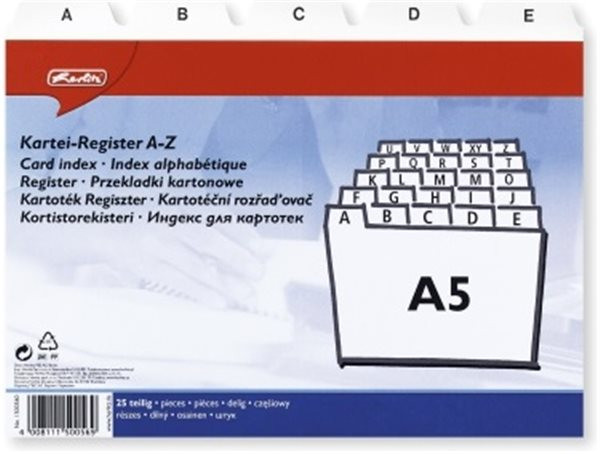 Karteikartenregister A5, A-Z 24-teilig, Hartplastik, weiß, Herlitz 