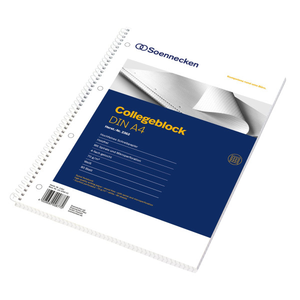 Collegeblock A4 weiss kariert 80 Blatt 70g gelocht, Rand links Soennecken 