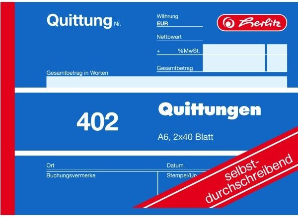 Formularblock Quittung A6 2x 40 Blatt selbstdurchschreibend Herlitz (Nr. 402) 