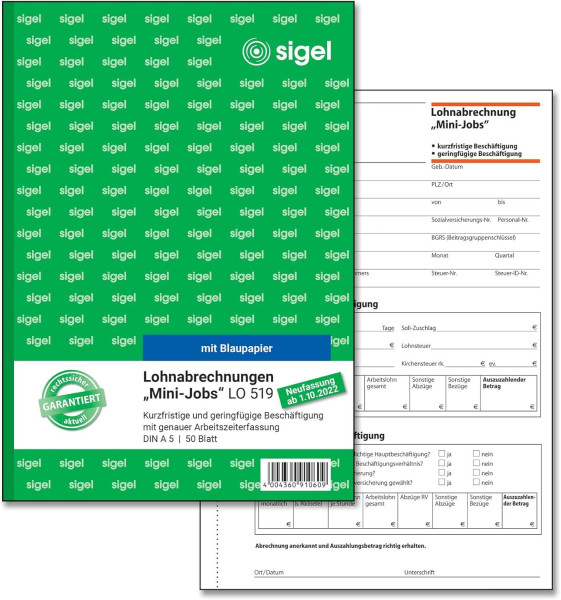 Formularblock Lohnabrechnung für Mini-Jobs A5 50 Blatt Sigel holzfreies Papier 