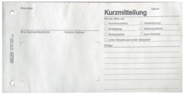 Formularblock Kurzmitteilung 50 Blatt 210 x 100mm, Herlitz 