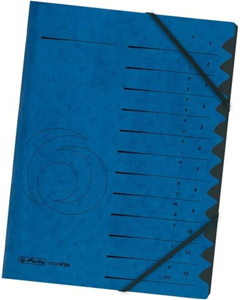 Ordnungsmappe 12 Fächer blau Herlitz mit Sichtlöchern 2 Gummizügen für DIN A4