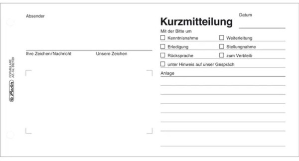 Formularblock Kurzmitteilung 50 Blatt 210 x 100mm, Herlitz 