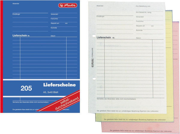 Formularblock Lieferschein A5 3x 40 B. Herlitz selbstdurchschreibend (Nr.205) 