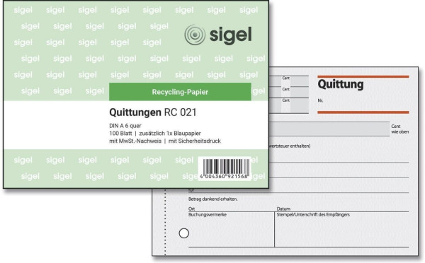 Formularblock Quittung A6 quer 100 Bl. sigel Recyc. Sicherheitsdruck Blaupapier 