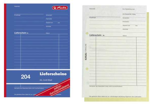 Formularblock Lieferschein A5 2x 40 Blatt Herlitz selbstdurchschreibend (Nr.204) 