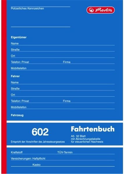 Formularblock Fahrtenbuch A5, 32 Blatt Herlitz beidseitig bedruckt (Nr. 602) 