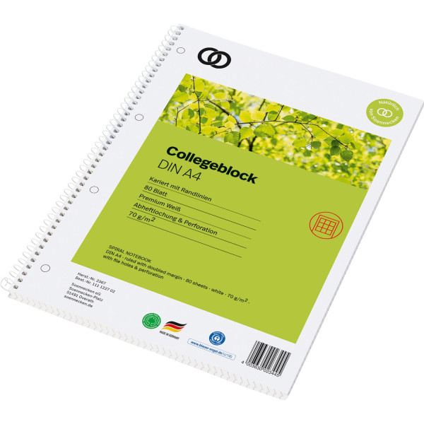 Collegeblock A4 recycling kariert Soennecken 80 Blatt 70g, 4-loch, Rand links