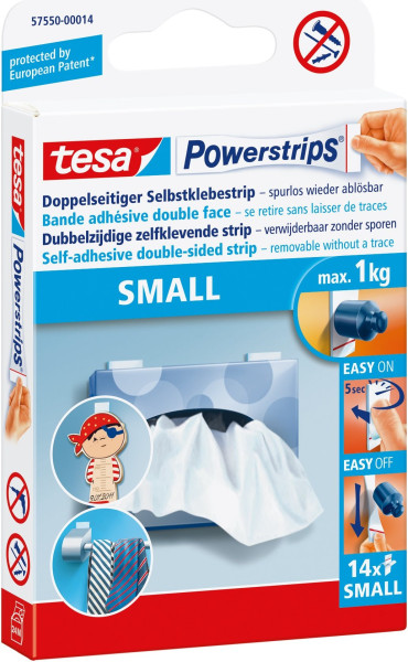 tesa Powerstrips Small 14 Stück, optimaler Halt auf glatten Oberflächen bis 1 kg