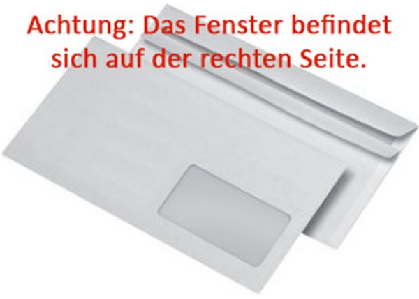 Kuvert 1000x DIN lang=110x220mm, mit Fenster RECHTS!, weiß, Selbstklebung 