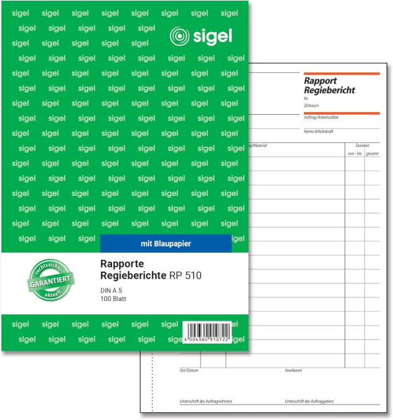 Formularblock Rapport/Regiebericht A5 100 Blatt sigel mit Blaupapier 