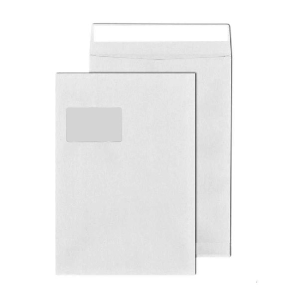 Faltentasche 200x C4=229x324mm, 2cm Falte, mit Fenster, weiß, Haftklebung