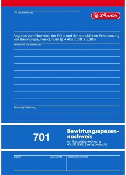 Formularblock Bewirtungsspesennachweis A5 50 Blatt Herlitz (Nr. 701) 