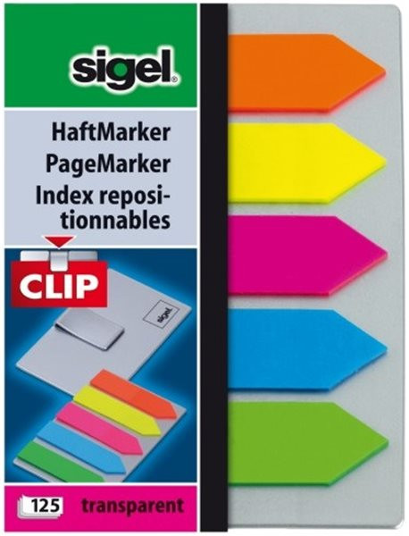 Haftmarker transparent Pfeil 12x50mm 5 Farben auf Karte sigel 125 Folienstreifen 