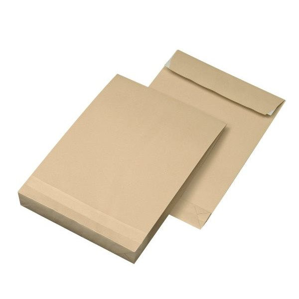 Faltentasche 100x C4=229x324mm, 4cm Falte, ohne Fenster, braun, Haftklebung