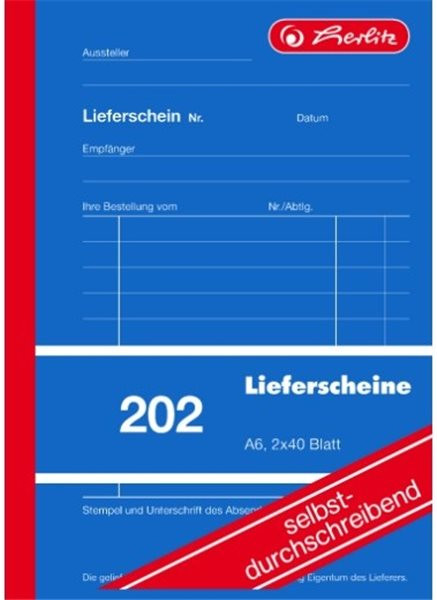 Formularblock Lieferschein A6 2x 40 B. Herlitz selbstdurchschreibend (Nr. 202) 